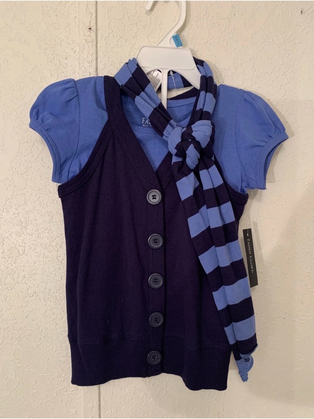 Faded Glory Navy Vest with Light Blue Tee and Striped Scarf